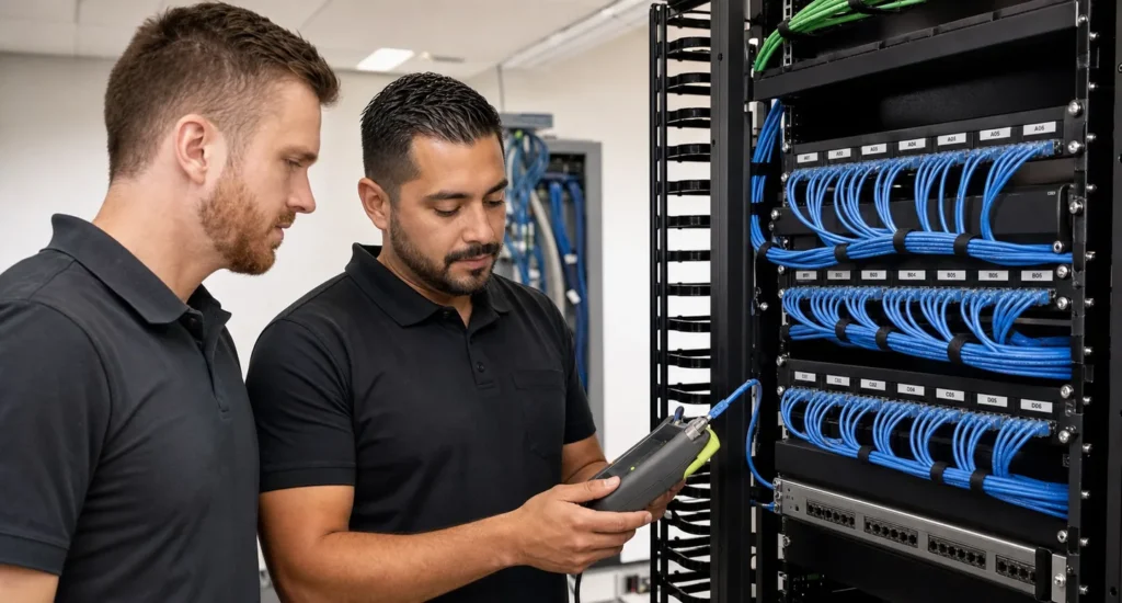 Illustration of cabling technicians reviewing a commercial data cabling installation
